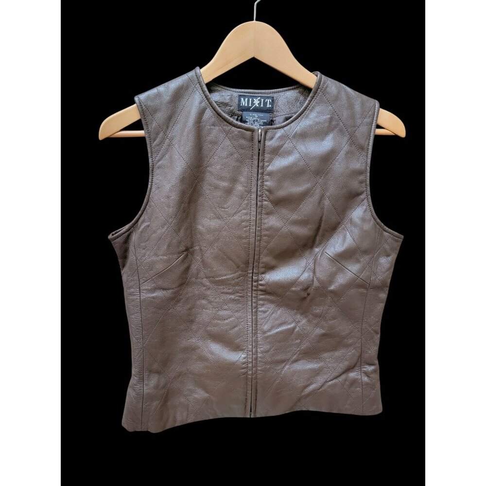 Mixit Brown Quilted Genuine Leather Sleeveless Vest With Zipper Closure Womens S